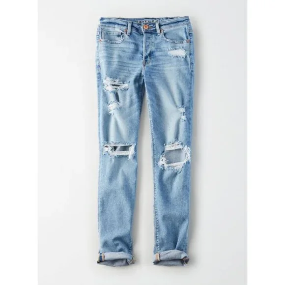 American Eagle Stretch Tomgirl Jeans Slashed Sky Destroyed Ripped BF Boyfriend 0 - Picture 4 of 14